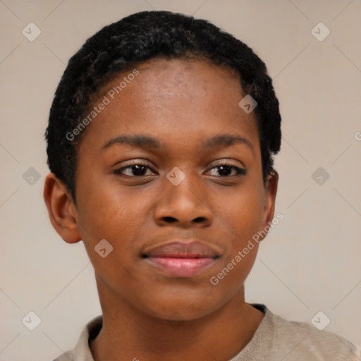 Neutral black young-adult female with short  black hair and brown eyes