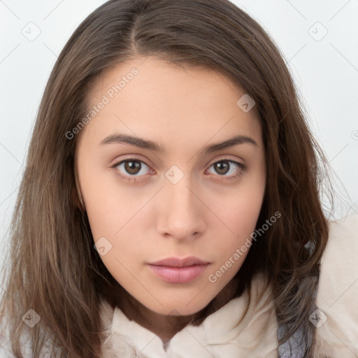 Neutral white young-adult female with long  brown hair and brown eyes