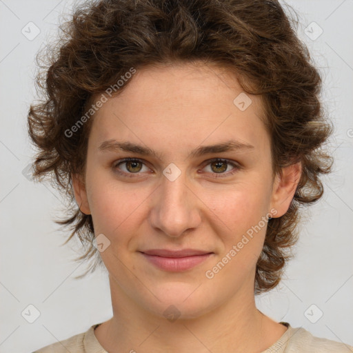 Joyful white young-adult female with medium  brown hair and green eyes