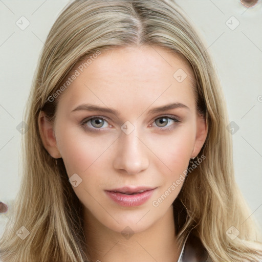 Neutral white young-adult female with long  brown hair and grey eyes