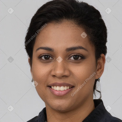 Joyful latino young-adult female with long  brown hair and brown eyes