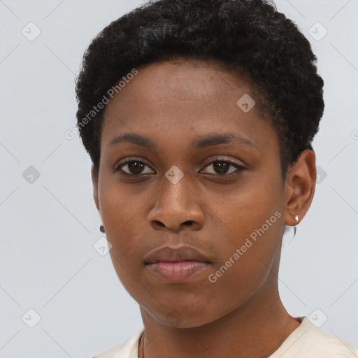 Neutral black young-adult female with short  brown hair and brown eyes