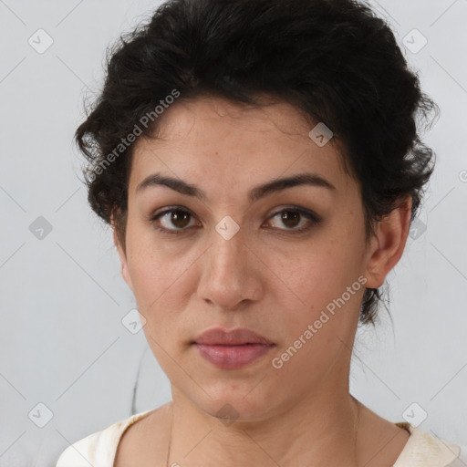 Neutral white young-adult female with short  brown hair and brown eyes