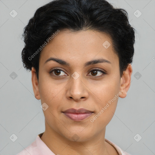 Joyful latino young-adult female with short  brown hair and brown eyes