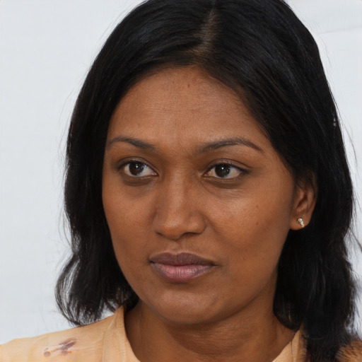 Neutral asian young-adult female with long  black hair and brown eyes