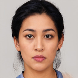 Neutral asian young-adult female with medium  black hair and brown eyes