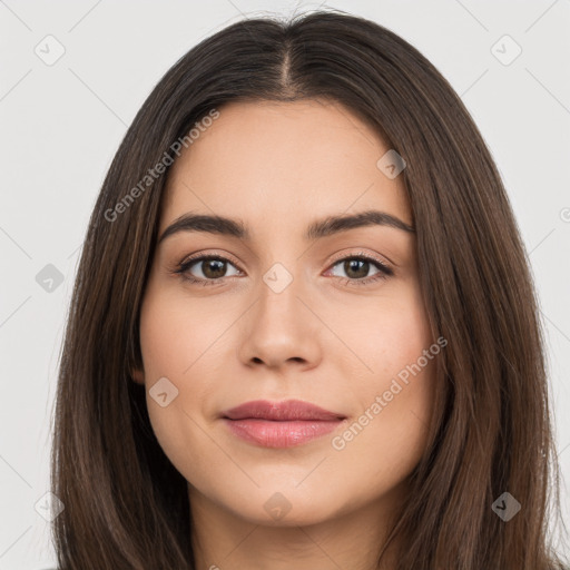 Neutral white young-adult female with long  brown hair and brown eyes