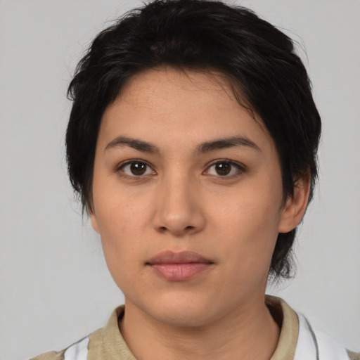 Neutral asian young-adult female with medium  black hair and brown eyes