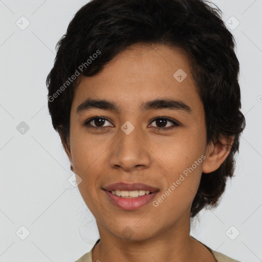 Joyful latino young-adult female with short  black hair and brown eyes