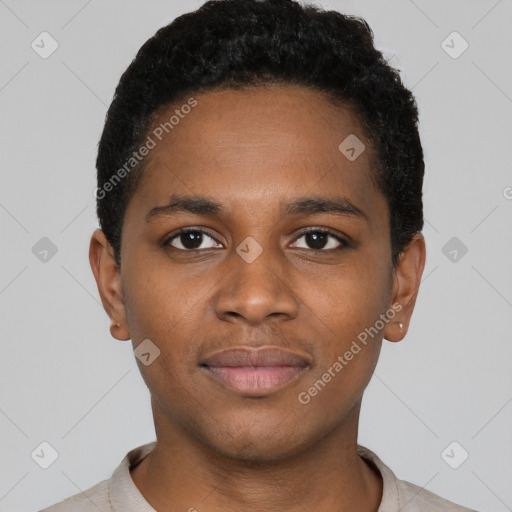 Neutral black young-adult male with short  black hair and brown eyes