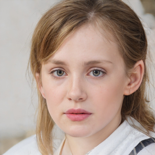 Neutral white young-adult female with medium  brown hair and blue eyes