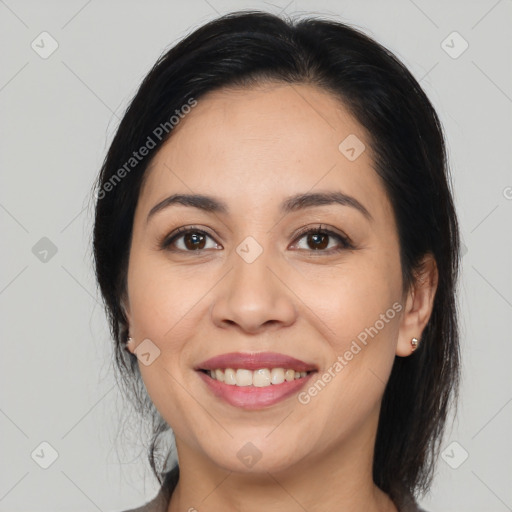 Joyful white young-adult female with medium  brown hair and brown eyes