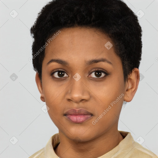 Neutral black young-adult female with short  black hair and brown eyes