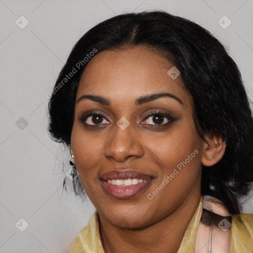 Joyful latino young-adult female with medium  black hair and brown eyes