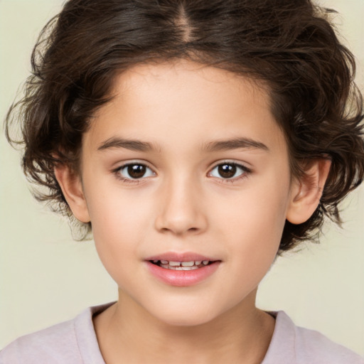 Joyful white child female with medium  brown hair and brown eyes