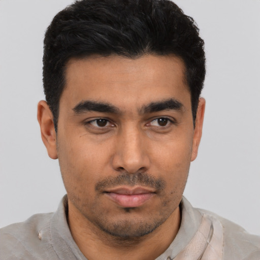 Neutral asian young-adult male with short  black hair and brown eyes