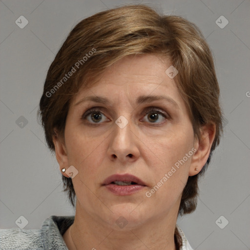 Joyful white adult female with medium  brown hair and grey eyes