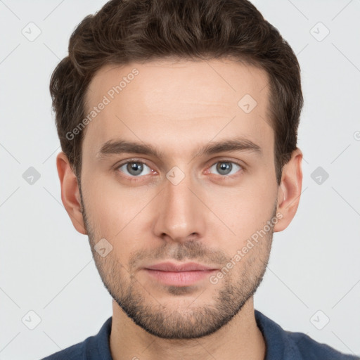 Neutral white young-adult male with short  brown hair and grey eyes