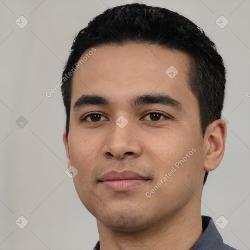 Neutral latino young-adult male with short  black hair and brown eyes