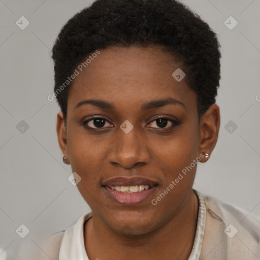 Joyful latino young-adult female with short  black hair and brown eyes