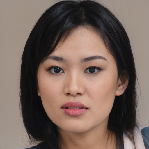 Neutral asian young-adult female with medium  black hair and brown eyes