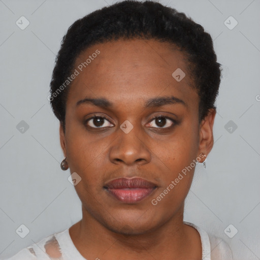 Neutral black young-adult female with short  black hair and brown eyes