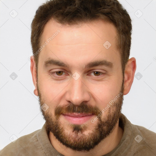 Joyful white young-adult male with short  brown hair and brown eyes