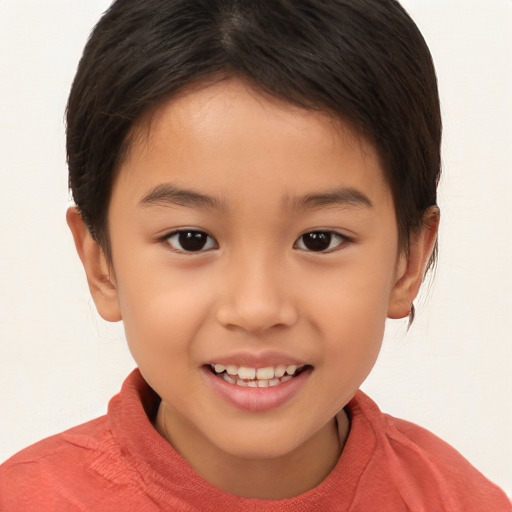 Joyful white child female with short  brown hair and brown eyes