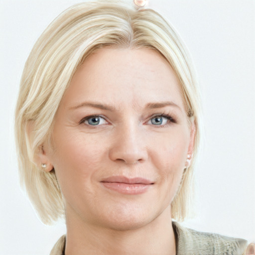 Joyful white young-adult female with medium  blond hair and blue eyes