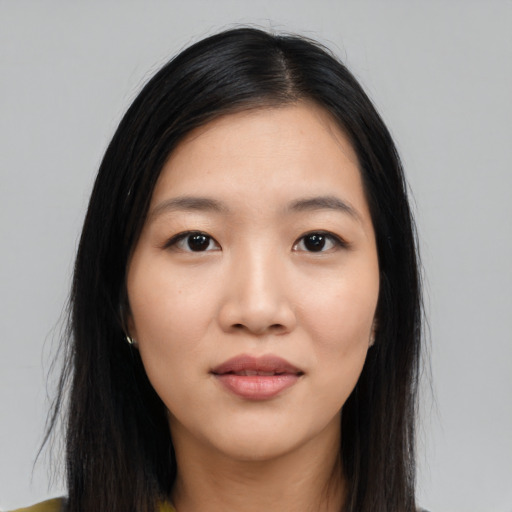 Neutral asian young-adult female with long  black hair and brown eyes