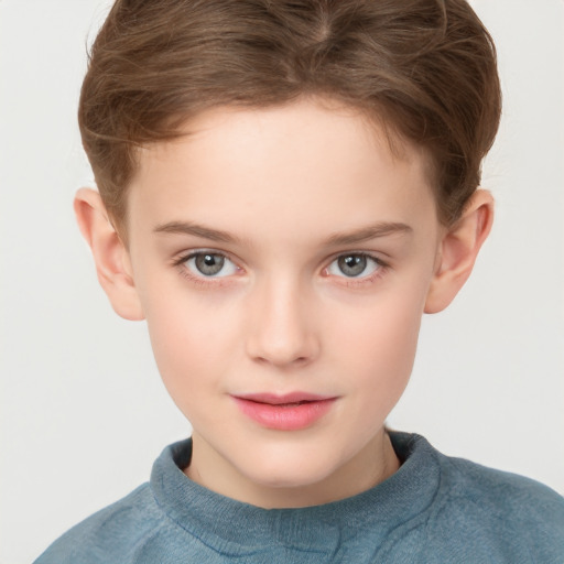 Neutral white child female with short  brown hair and grey eyes