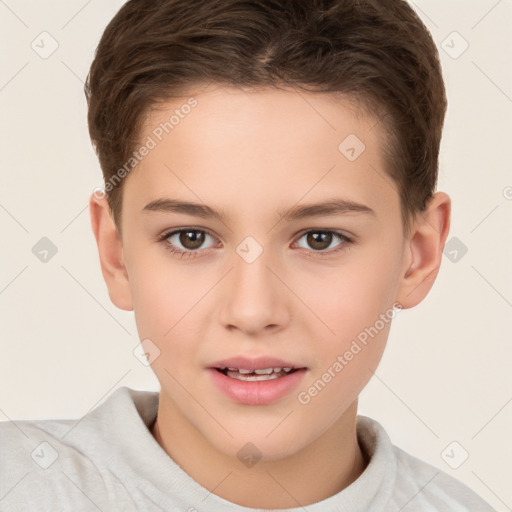 Joyful white child female with short  brown hair and brown eyes