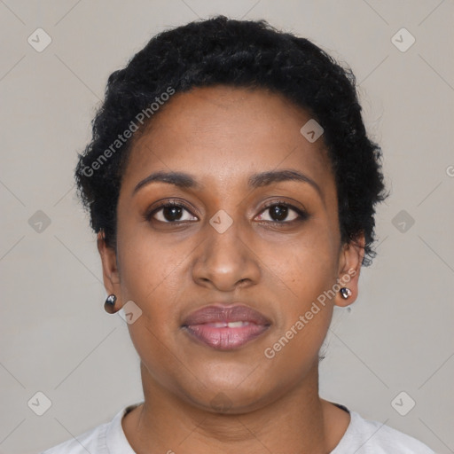 Neutral black young-adult female with short  black hair and brown eyes