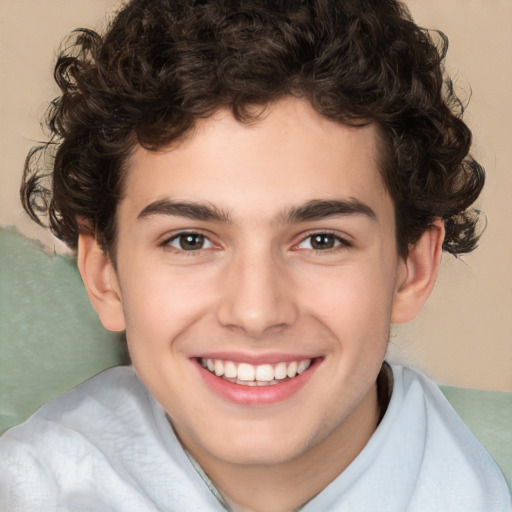 Joyful white child male with short  brown hair and brown eyes