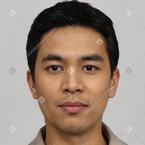 Neutral asian young-adult male with short  black hair and brown eyes