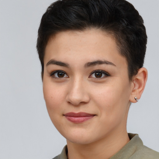 Joyful asian young-adult female with short  brown hair and brown eyes