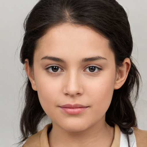 Neutral white young-adult female with medium  brown hair and brown eyes