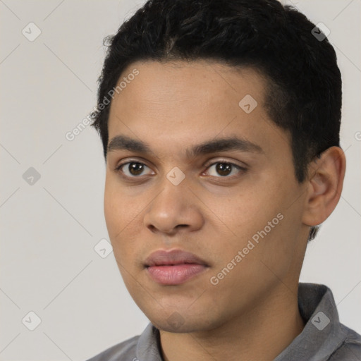 Neutral latino young-adult male with short  black hair and brown eyes