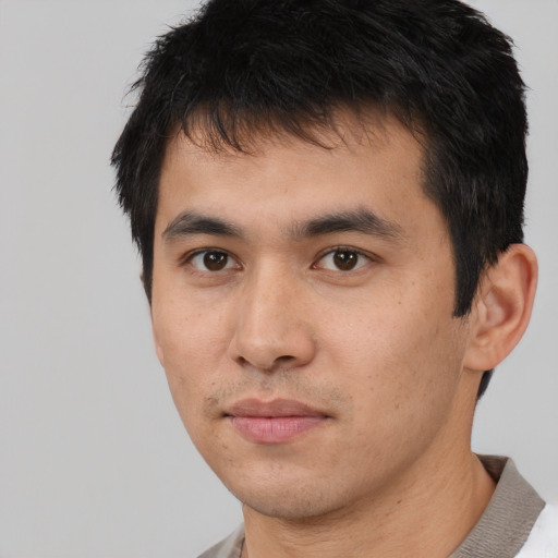 Neutral asian young-adult male with short  black hair and brown eyes