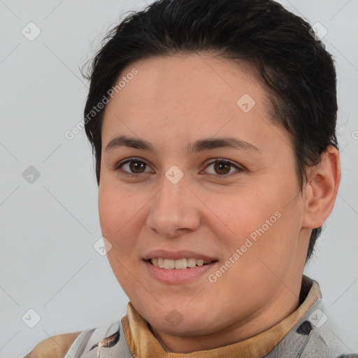 Joyful white young-adult female with short  brown hair and brown eyes