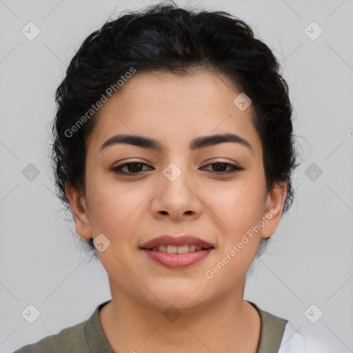 Joyful asian young-adult female with short  black hair and brown eyes