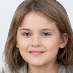 Joyful white child female with medium  brown hair and grey eyes