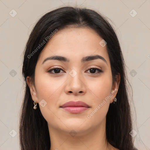 Joyful asian young-adult female with long  brown hair and brown eyes