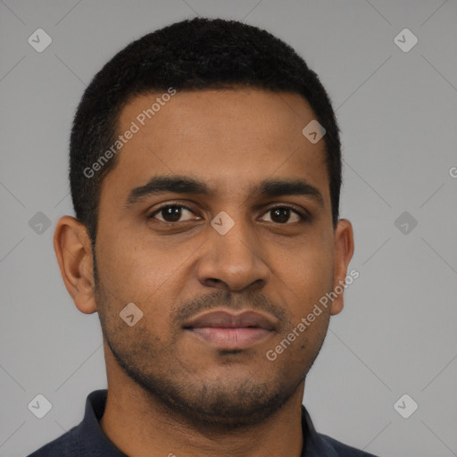 Neutral black young-adult male with short  black hair and brown eyes