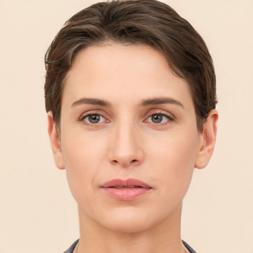 Neutral white young-adult female with short  brown hair and brown eyes