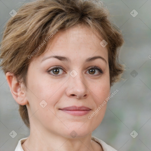 Joyful white young-adult female with medium  brown hair and green eyes