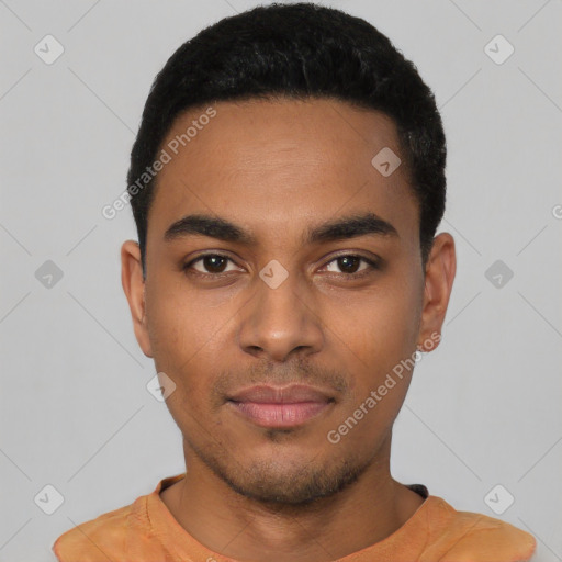 Neutral latino young-adult male with short  black hair and brown eyes