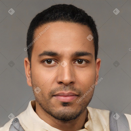 Neutral latino young-adult male with short  black hair and brown eyes