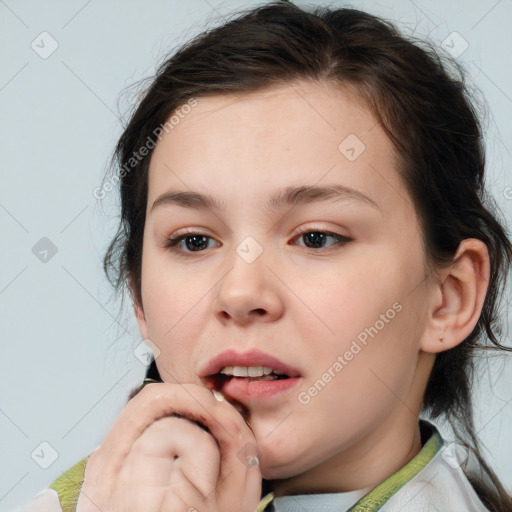 Neutral white young-adult female with medium  brown hair and brown eyes