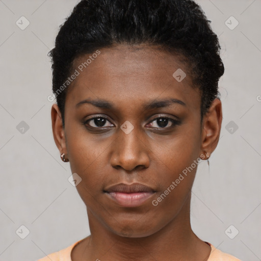 Neutral black young-adult female with short  black hair and brown eyes